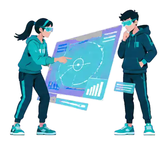 ARの戦術画面を見ながらデータを分析する生徒のイラスト