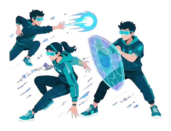 攻撃と防御を連携してHADOを実践する生徒たちのイラスト