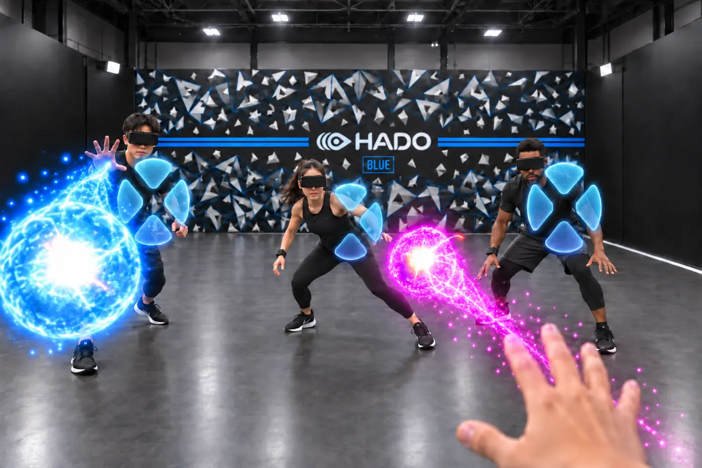 The headset view: energy balls and shields overlaid on the real court, teammates and opponents