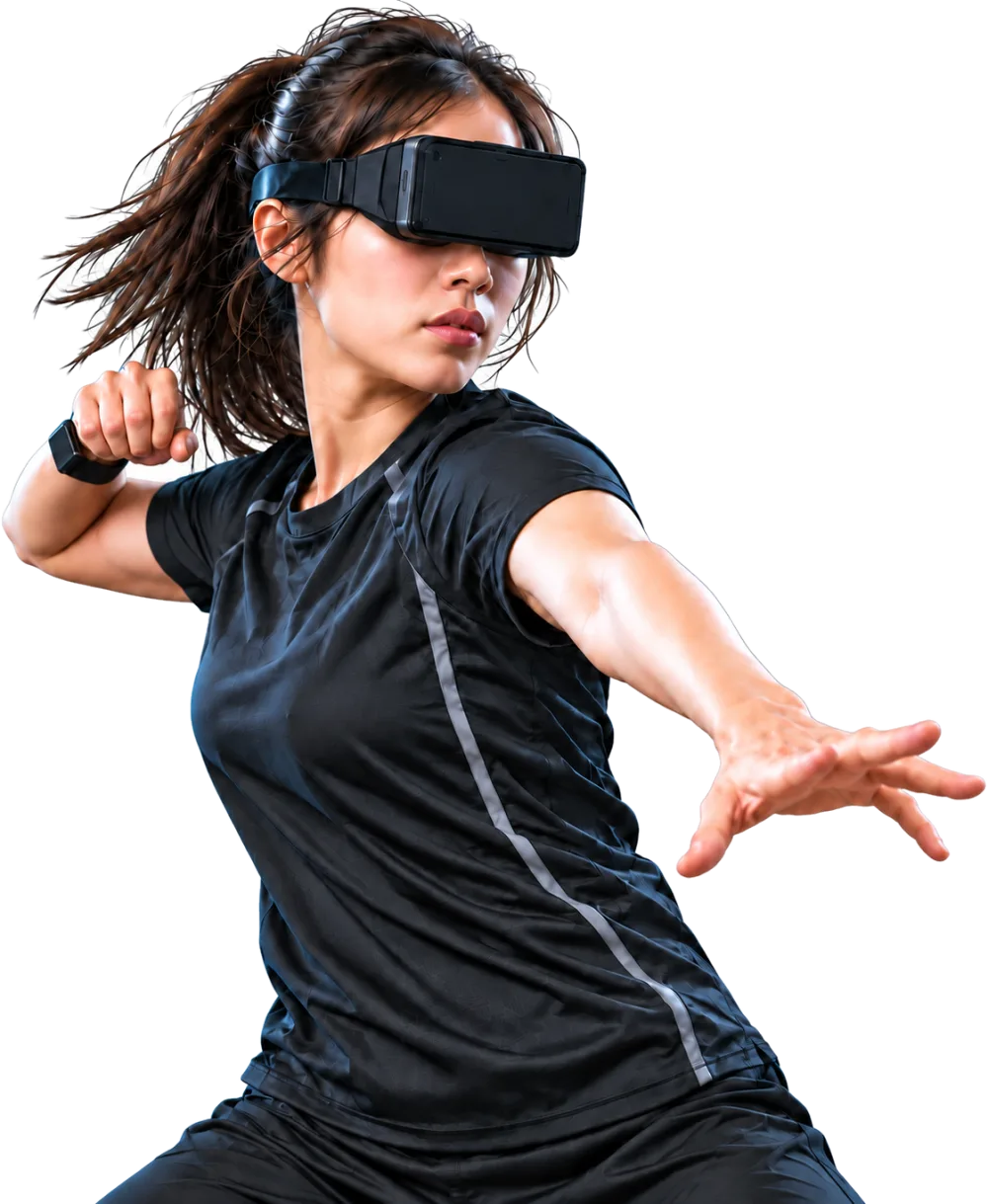 A player wearing a HADO headset, arm extended to throw