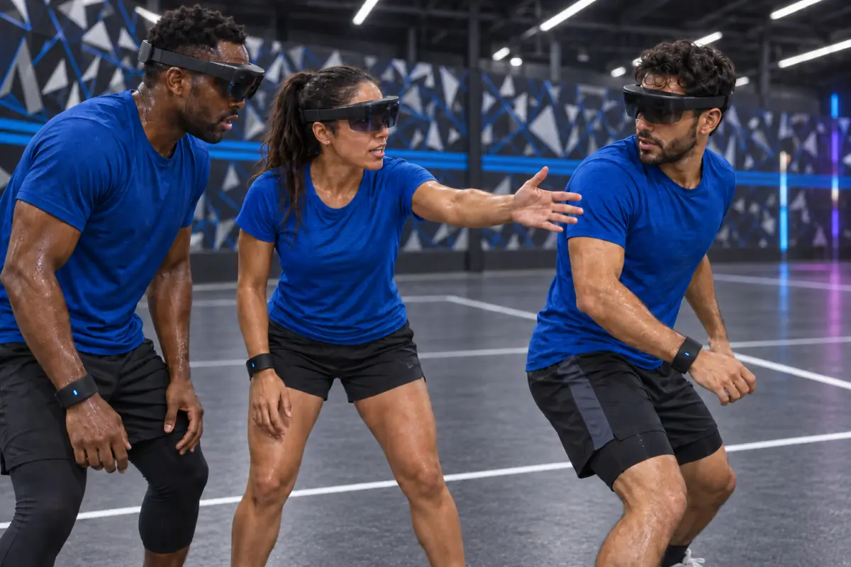 Teammates working together while checking their wristband controllers