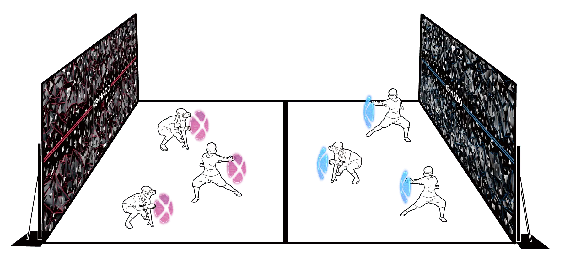 HADO court layout: two teams of three facing each other, with four targets in front of each team